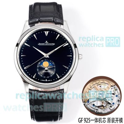 GF Swiss Reissue Jaeger-LeCoultre Master Moon Phase Black Dial Leather Strap Watch 